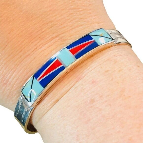 American Southwest Inlay Turquoise Lapis Lazuli Sterling Silver Cuff Bracelet - Picture 1 of 5